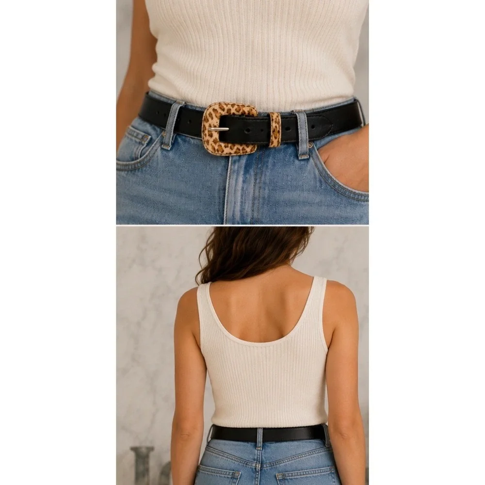 Amiee Lynn Hair On Suede Genuine Leather Animal Print Belt Black Size Medium EUC